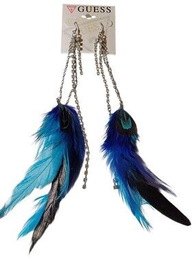 Nwt Guess Colorful Feather Chain Earrings